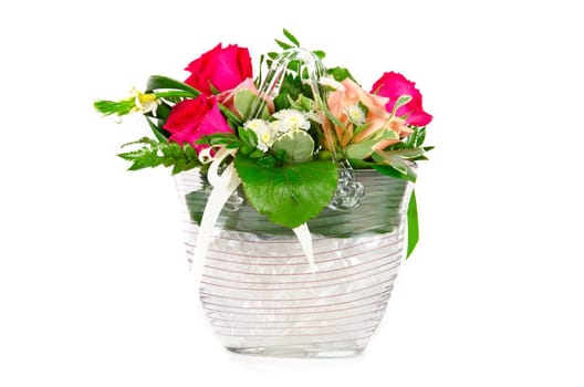 Bunch of roses in a vase isolated on white background