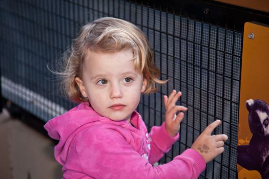 Cute European toddler girl walking around and exploring outdoors.