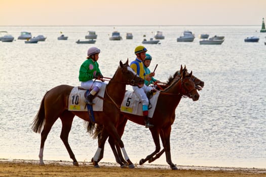 SANLUCAR DE BARRAMEDA, CADIZ, SPAIN - AUGUST 11: Unidentified rider at the start of race horses on Sanlucar de Barrameda beach on August 11, 2011 in Sanlucar de Barrameda, Cadiz, Spain.