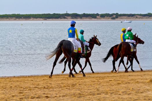 SANLUCAR DE BARRAMEDA, CADIZ, SPAIN - AUGUST 11: Unidentified rider at the start of race horses on Sanlucar de Barrameda beach on August 11, 2011 in Sanlucar de Barrameda, Cadiz, Spain.
