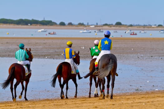 SANLUCAR DE BARRAMEDA, CADIZ, SPAIN - AUGUST 11: Unidentified rider at the start of race horses on Sanlucar de Barrameda beach on August 11, 2011 in Sanlucar de Barrameda, Cadiz, Spain.