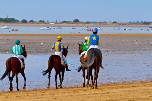 SANLUCAR DE BARRAMEDA, CADIZ, SPAIN - AUGUST 11: Unidentified rider at the start of race horses on Sanlucar de Barrameda beach on August 11, 2011 in Sanlucar de Barrameda, Cadiz, Spain.