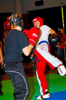 CHICLANA DE LA FRONTERA, SPAIN-NOV 05: Unidentified players compete in the 3rd World Karate and Kickboxing Council championship  on Nov 05, 2011, in Chiclana de la Frontera,  Spain