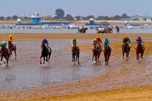 SANLUCAR DE BARRAMEDA, CADIZ, SPAIN - AUGUST 11: Unidentified riders race horses on Sanlucar de Barrameda beach on August 11, 2011 in Sanlucar de Barrameda, Cadiz, Spain.