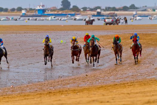 SANLUCAR DE BARRAMEDA, CADIZ, SPAIN - AUGUST 11: Unidentified riders race horses on Sanlucar de Barrameda beach on August 11, 2011 in Sanlucar de Barrameda, Cadiz, Spain.
