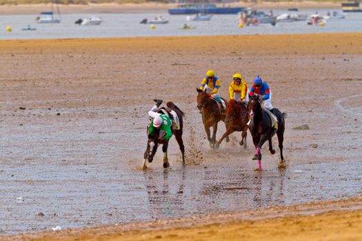 SANLUCAR DE BARRAMEDA, CADIZ, SPAIN - AUGUST 11: Unidentified riders race horses on Sanlucar de Barrameda beach on August 11, 2011 in Sanlucar de Barrameda, Cadiz, Spain.
