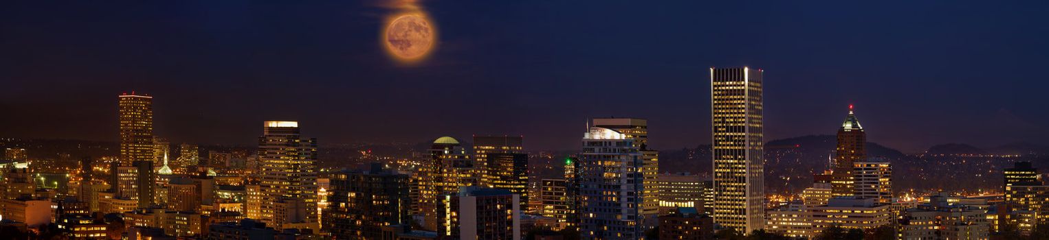 Moon Rise Over Portland Oregon City Skyline at Dusk Panorama