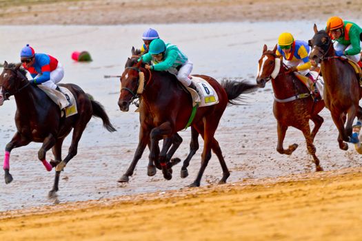 SANLUCAR DE BARRAMEDA, CADIZ, SPAIN - AUGUST 11: Unidentified riders race horses on Sanlucar de Barrameda beach on August 11, 2011 in Sanlucar de Barrameda, Cadiz, Spain.
