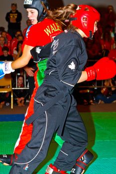 CHICLANA DE LA FRONTERA, SPAIN-NOV 05: Unidentified players compete in the 3rd World Karate and Kickboxing Council championship  on Nov 05, 2011, in Chiclana de la Frontera,  Spain