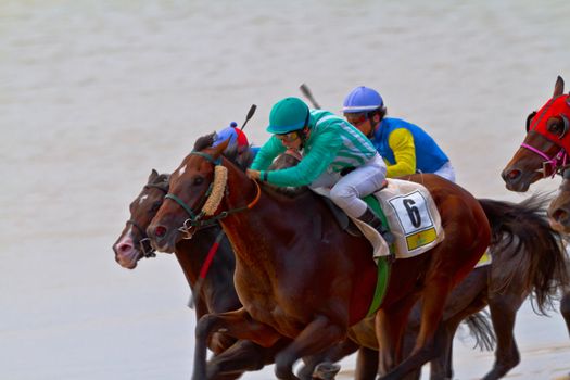 SANLUCAR DE BARRAMEDA, CADIZ, SPAIN - AUGUST 11: Unidentified riders race horses on Sanlucar de Barrameda beach on August 11, 2011 in Sanlucar de Barrameda, Cadiz, Spain.