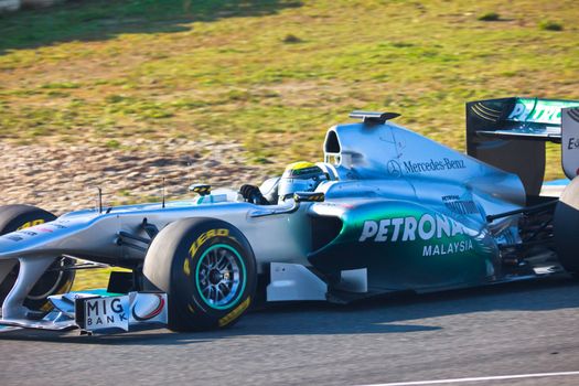 JEREZ DE LA FRONTERA, SPAIN - FEB 10: Nico Rosberg of Mercedes F1 races on training session on February 10 , 2011, in Jerez de la Frontera , Spain