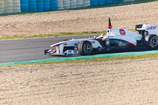 JEREZ DE LA FRONTERA, SPAIN - FEB 10: Sergio Perez of Sauber F1 races on training session on February 10 , 2011, in Jerez de la Frontera , Spain