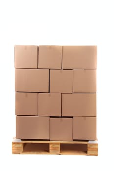 cardboard boxes on wooden palette, photo on white