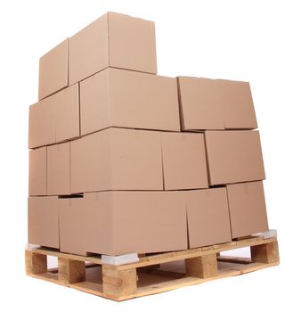 cardboard boxes on wooden palette, photo on white