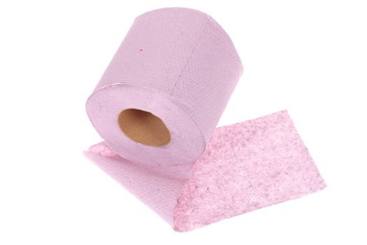 Roll of the pink toilet paper, photo on white