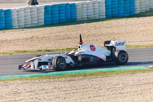 JEREZ DE LA FRONTERA, SPAIN - FEB 10: Sergio Perez of Sauber F1 races on training session on February 10 , 2011, in Jerez de la Frontera , Spain