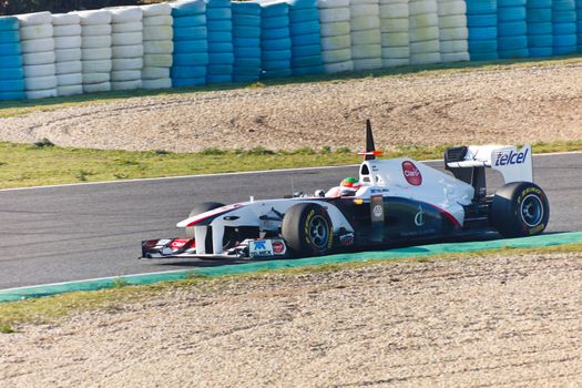 JEREZ DE LA FRONTERA, SPAIN - FEB 10: Sergio Perez of Sauber F1 races on training session on February 10 , 2011, in Jerez de la Frontera , Spain