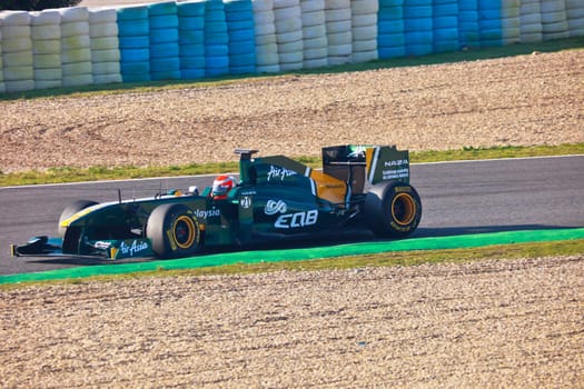 JEREZ DE LA FRONTERA, SPAIN - FEB 10: Jarno Trulli of Team Lotus F1 races on training session on February 10 , 2011, in Jerez de la Frontera , Spain
