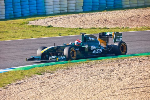 JEREZ DE LA FRONTERA, SPAIN - FEB 10: Jarno Trulli of Team Lotus F1 races on training session on February 10 , 2011, in Jerez de la Frontera , Spain