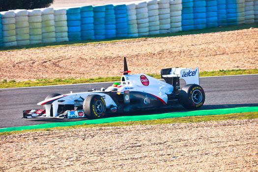 JEREZ DE LA FRONTERA, SPAIN - FEB 10: Sergio Perez of Sauber F1 races on training session on February 10 , 2011, in Jerez de la Frontera , Spain