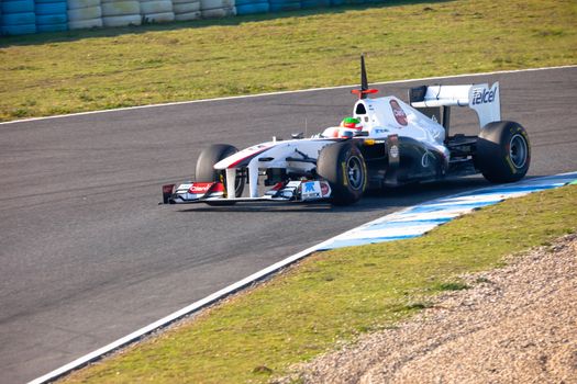 JEREZ DE LA FRONTERA, SPAIN - FEB 10: Sergio Perez of Sauber F1 races on training session on February 10 , 2011, in Jerez de la Frontera , Spain