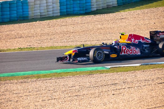 JEREZ DE LA FRONTERA, SPAIN - FEB 10: Mark Webber of Red
Bull Racing F1 races on training sesssion on  February 10 , 2011, in Jerez de la Frontera , Spain