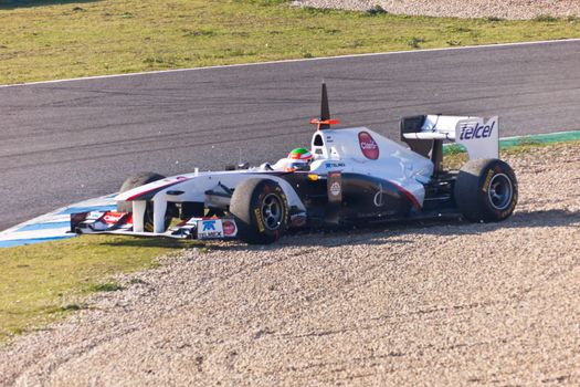 JEREZ DE LA FRONTERA, SPAIN - FEB 10: Sergio Perez of Sauber F1 races on training session on February 10 , 2011, in Jerez de la Frontera , Spain