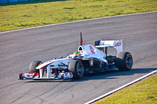 JEREZ DE LA FRONTERA, SPAIN - FEB 10: Sergio Perez of Sauber F1 races on training session on February 10 , 2011, in Jerez de la Frontera , Spain