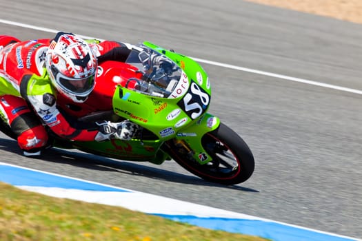 JEREZ DE LA FRONTERA, SPAIN - APR 17: 125cc motorcyclist Juanfran Guevara takes a curve in the CEV Championship race on April 17, 2011 in Jerez de la Frontera, Spain.
