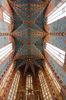 Interior of St. Mary's Basilica, a Brick Gothic church re-built in the 14th century (originally built in the early 13th century), adjacent to the Main Market Square in Kraków, Poland.