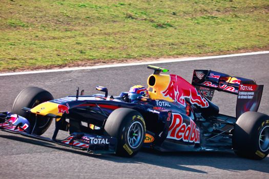JEREZ DE LA FRONTERA, SPAIN - FEB 10: Mark Webber of Red
Bull Racing F1 races on training sesssion on  February 10 , 2011, in Jerez de la Frontera , Spain