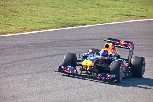 JEREZ DE LA FRONTERA, SPAIN - FEB 10: Mark Webber of Red
Bull Racing F1 races on training sesssion on  February 10 , 2011, in Jerez de la Frontera , Spain