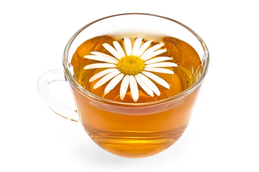 Herbal tea in a glass cup with daisies isolated on white background