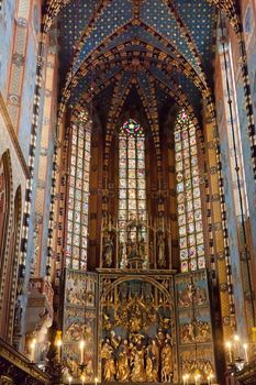 Interior of St. Mary's Basilica, a Brick Gothic church re-built in the 14th century (originally built in the early 13th century), adjacent to the Main Market Square in Kraków, Poland.