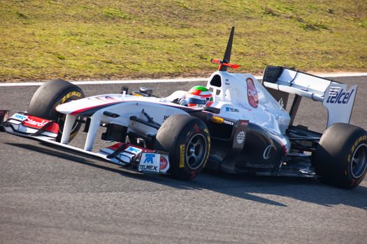 JEREZ DE LA FRONTERA, SPAIN - FEB 10: Sergio Perez of Sauber F1 races on training session on February 10 , 2011, in Jerez de la Frontera , Spain