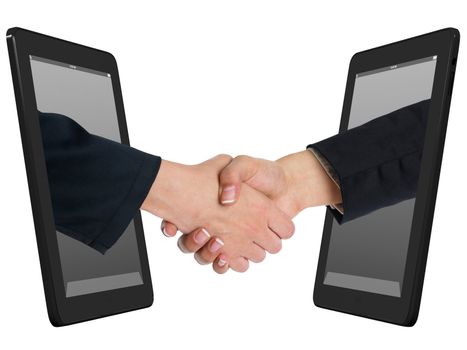 Two Computer Device and Hands in handshaking, Incernet Working Concept, Wireless Communication, Online Business