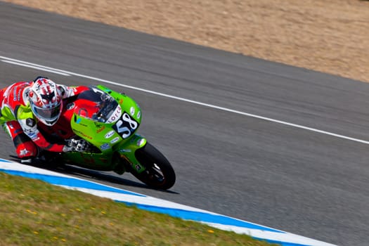 JEREZ DE LA FRONTERA, SPAIN - APR 17: 125cc motorcyclist Juanfran Guevara takes a curve in the CEV Championship race on April 17, 2011 in Jerez de la Frontera, Spain.
