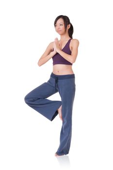 Professional yoga woman exercising, full length portrait isolated on white background.