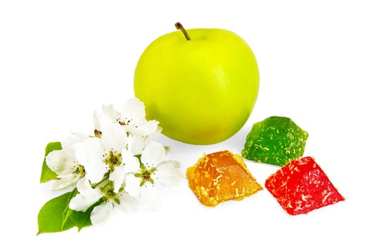 Green, red and yellow jelly with apple and inflorescence of apple isolated on a white background