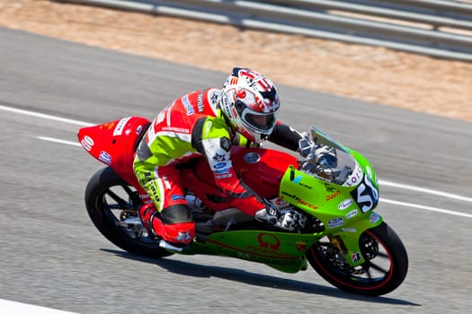JEREZ DE LA FRONTERA, SPAIN - APR 17: 125cc motorcyclist Juanfran Guevara takes a curve in the CEV Championship race on April 17, 2011 in Jerez de la Frontera, Spain.