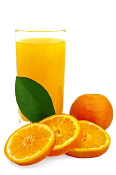 Juice in a glass, a mandarin orange, tangerine slices and green leaf isolated on white background