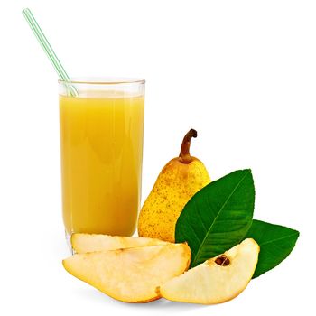 Pear juice in a glass, a whole pear, three slices of pear, two green leaf isolated on white background