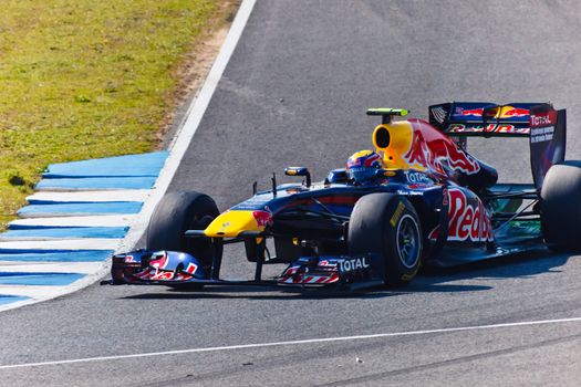 JEREZ DE LA FRONTERA, SPAIN - FEB 10: Mark Webber of Red
Bull Racing F1 races on training sesssion on  February 10 , 2011, in Jerez de la Frontera , Spain