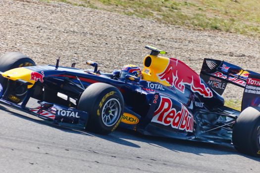 JEREZ DE LA FRONTERA, SPAIN - FEB 10: Mark Webber of Red
Bull Racing F1 races on training sesssion on  February 10 , 2011, in Jerez de la Frontera , Spain