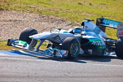 JEREZ DE LA FRONTERA, SPAIN - FEB 10: Nico Rosberg of Mercedes F1 races on training session on February 10 , 2011, in Jerez de la Frontera , Spain
