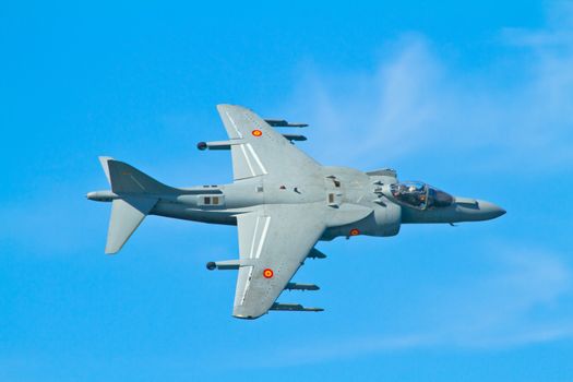 CADIZ, SPAIN-SEP 9: Aircraft AV-8B Harrier Plus taking part in a test on the 4th airshow of Cadiz on Sep 9, 2011, in Cadiz, Spain
