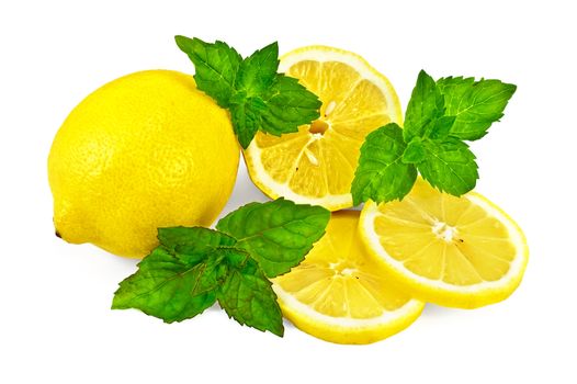 Whole and half a lemon, two cloves of lemon, mint sprigs three green isolated on white background