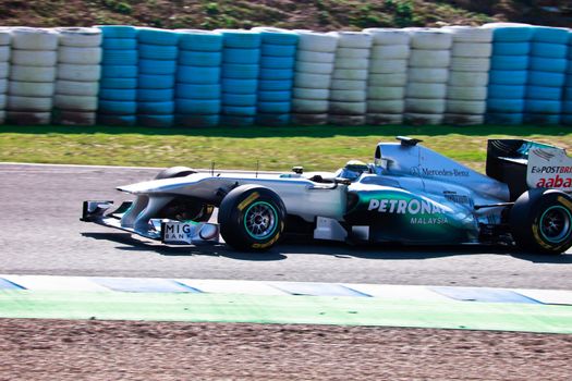 JEREZ DE LA FRONTERA, SPAIN - FEB 10: Nico Rosberg of Mercedes F1 races on training session on February 10 , 2011, in Jerez de la Frontera , Spain