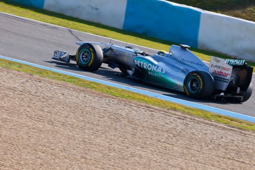 JEREZ DE LA FRONTERA, SPAIN - FEB 10: Nico Rosberg of Mercedes F1 races on training session on February 10 , 2011, in Jerez de la Frontera , Spain