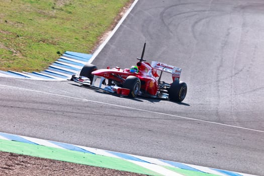 JEREZ DE LA FRONTERA, SPAIN - FEB 10: Felipe Massa of Ferrari F1 races on training session on February 10 , 2011, in Jerez de la Frontera , Spain